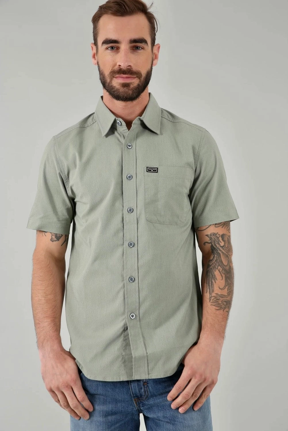 Kimes Ranch Mens Linville Solid Sage Cotton Blend S/S Shirt Thermoregulating Layer Water Repellent Finish