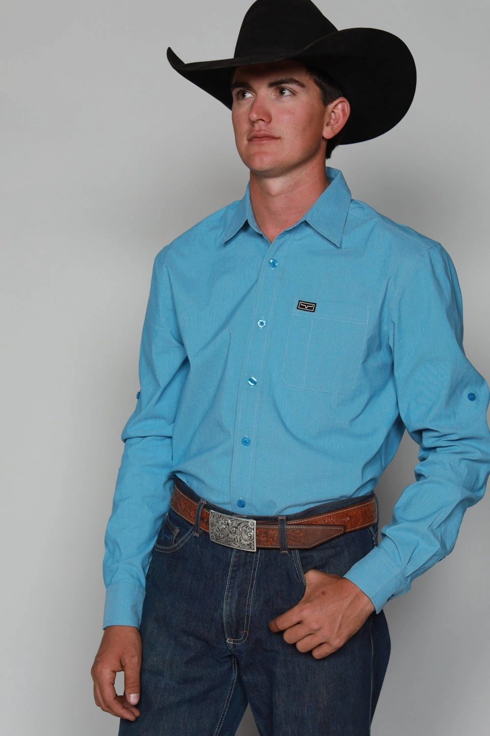 Kimes Ranch Mens Linville Solid Shirt Mid Blue Cotton Blend L/S Non Iron Fabric Backpacking Trip