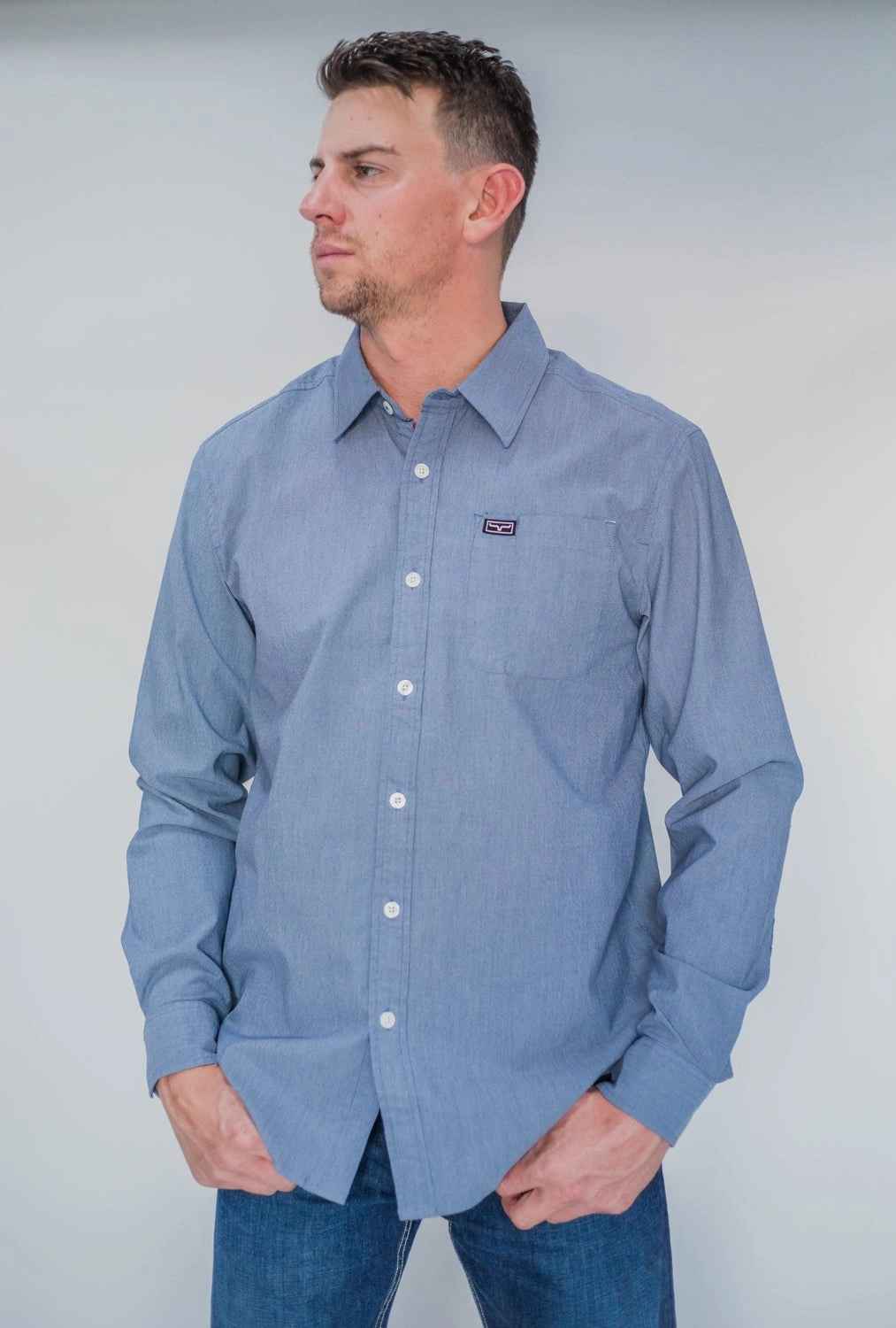 Kimes Ranch Mens Linville Solid Shirt Navy Cotton Blend L/S Western Modern Aesthetic Casual Sophistication
