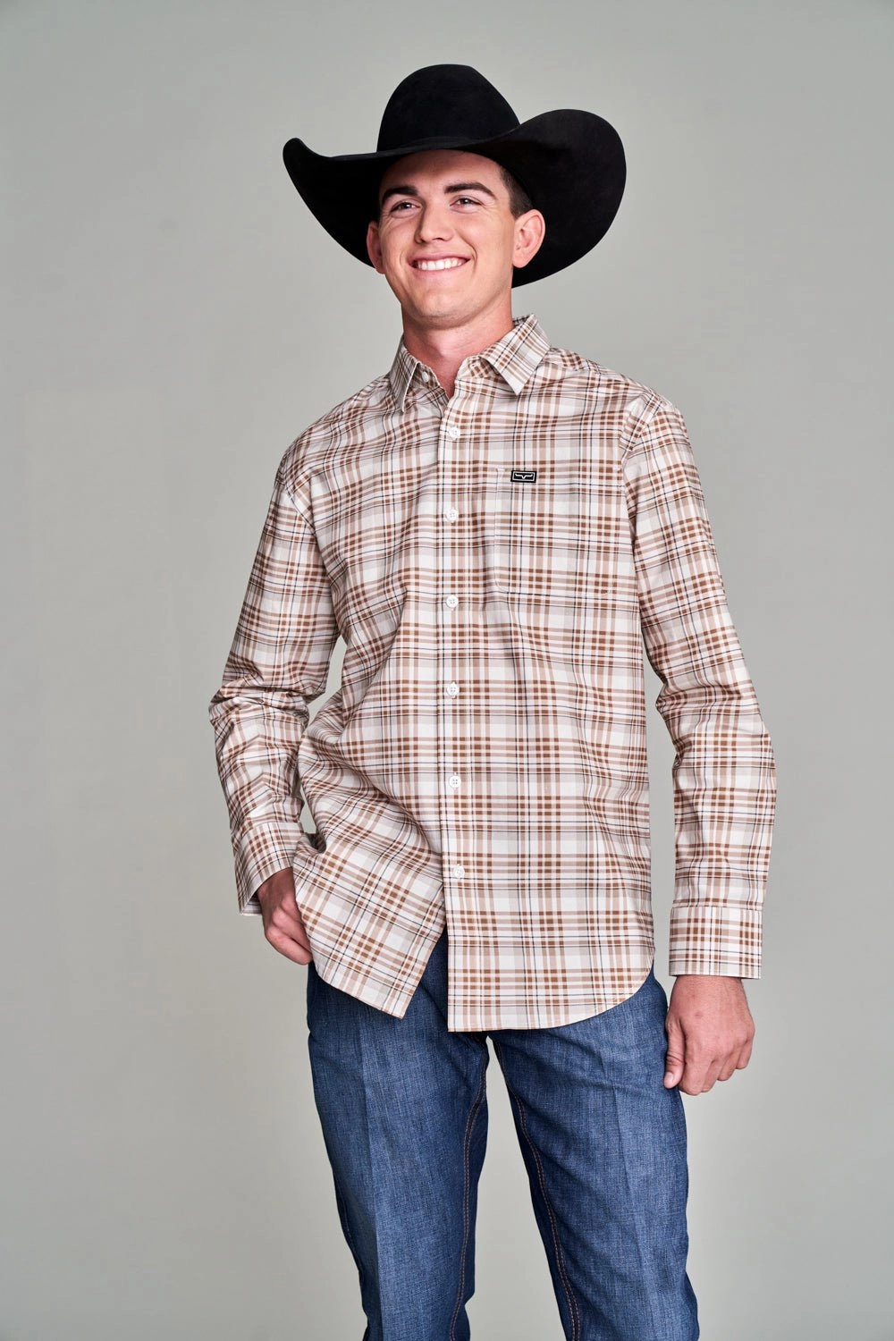 Winter Collection Polished Finish Kimes Ranch Mens Manzano Plaid Dress Sand Cotton Blend L/S Shirt