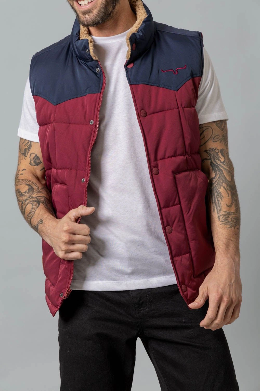 Flatlock stitching Reinforced Collar Structure Kimes Ranch Mens Muir Trail Quilted Burgundy Poly/Nylon Softshell Vest