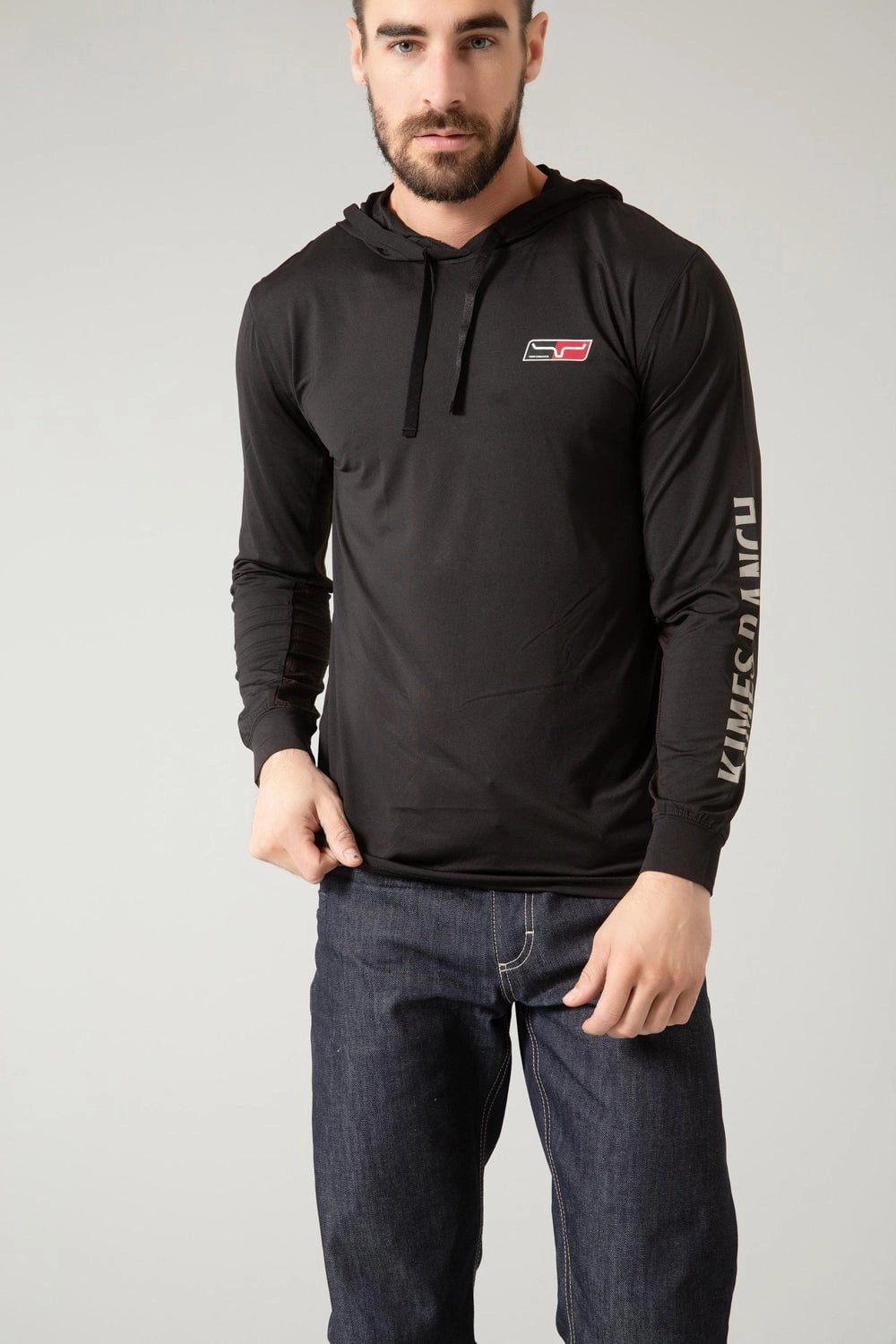 Kimes Ranch Mens Ninja Hood Tech Tee Black Poly/Spandex L/S T-Shirt Taped Neckline