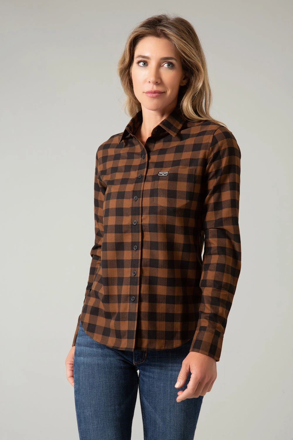 Polished Finish Kimes Ranch Womens Garrison Brown Cotton Blend L/S Shirt