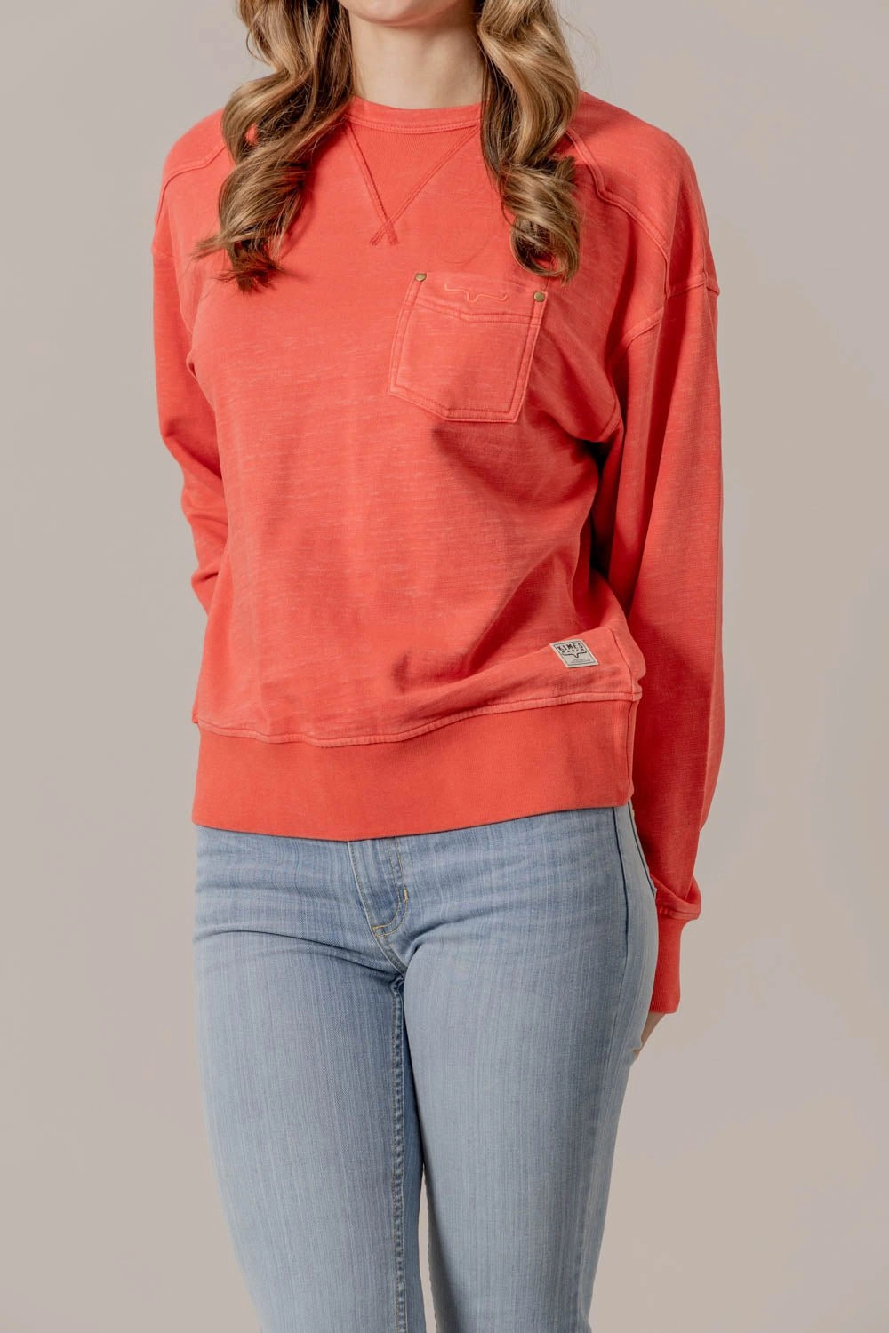 Lattice Stitch Pattern Bias Cut Hem Details Kimes Ranch Womens Gina Red Cotton Blend Sweatshirt