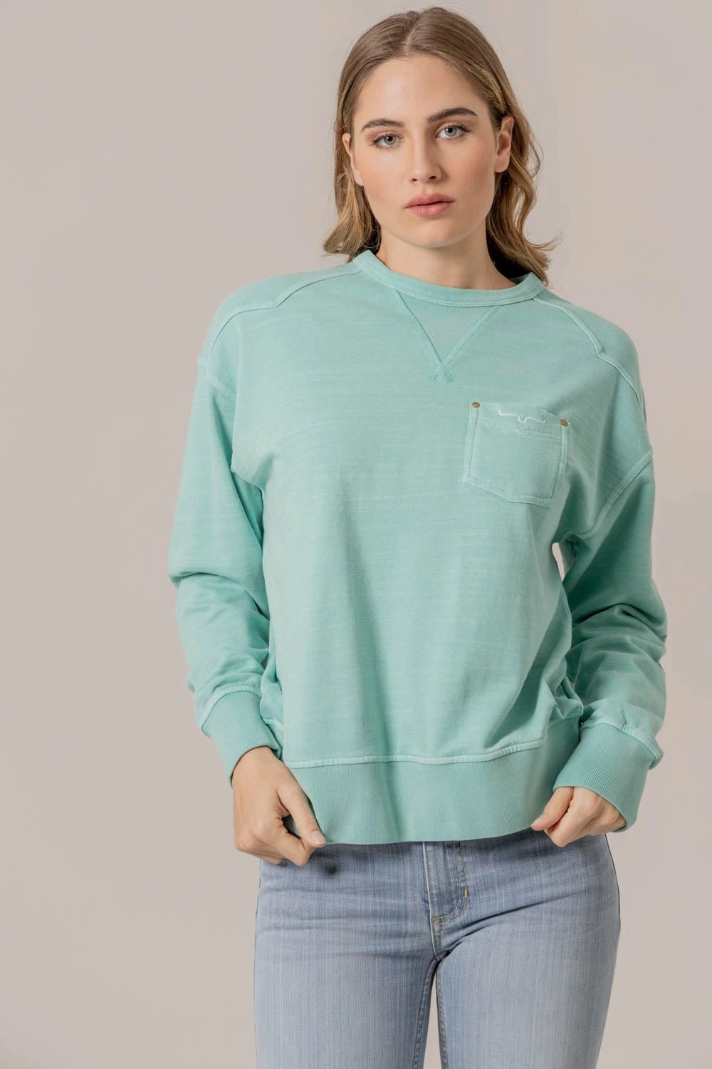 Reflective Safety Details Flexible Fiber Fill Kimes Ranch Womens Gina Turquoise Cotton Blend Sweatshirt
