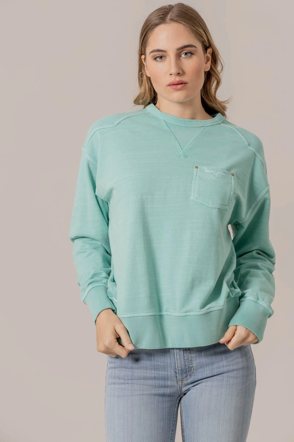 Versatile Apparel Stylish Knit Kimes Ranch Womens Gina Turquoise Cotton Blend Sweatshirt