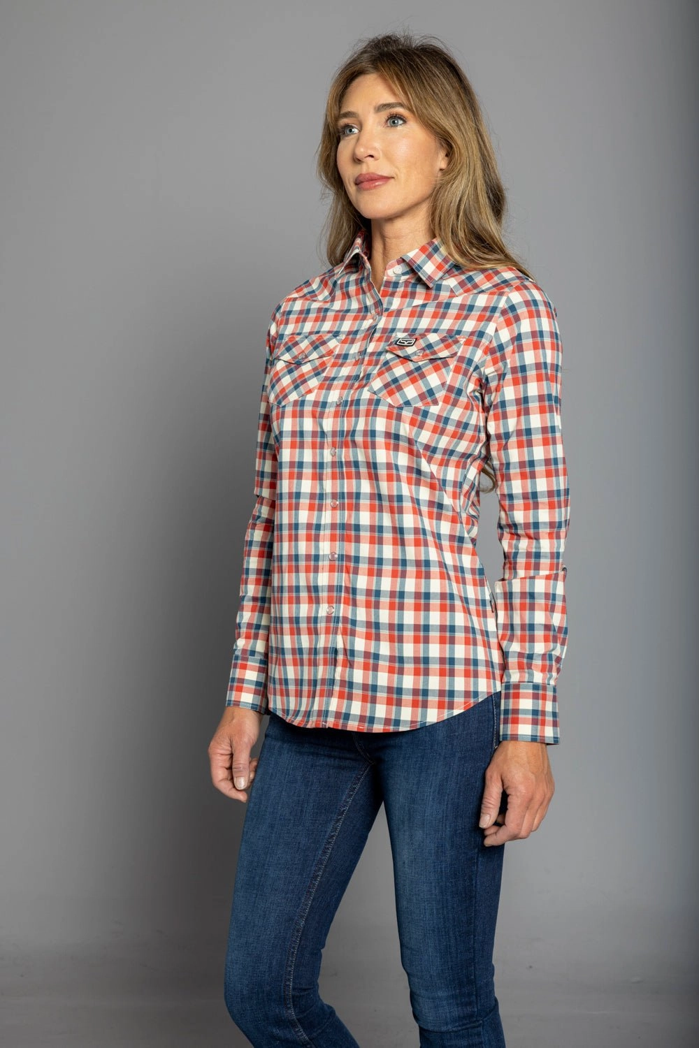 Kimes Ranch Womens Go Round Navy Cotton Blend L/S Shirt Easy Styling Thermal regulation