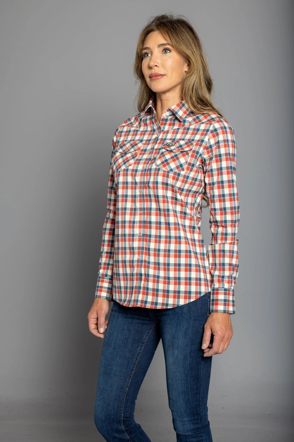 Kimes Ranch Womens Go Round Navy Cotton Blend L/S Shirt Seamless Shoulder Construction