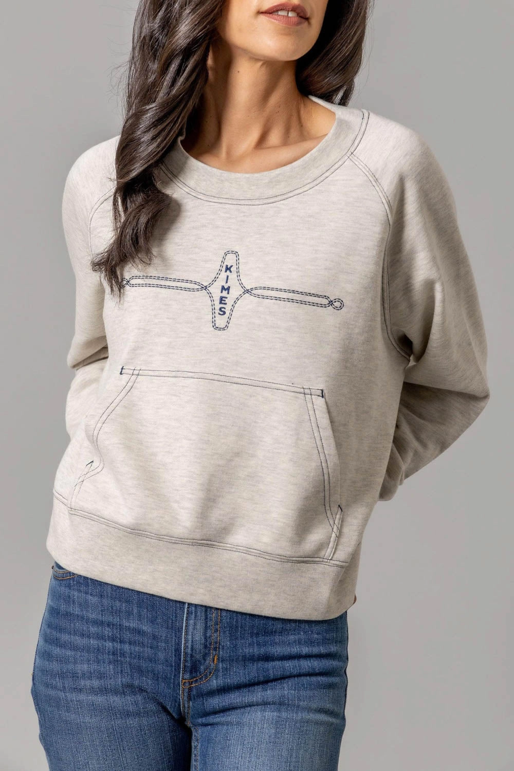 Kimes Ranch Womens Gracie Cropped Crewneck Light Grey Cotton Blend Sweatshirt snap closure