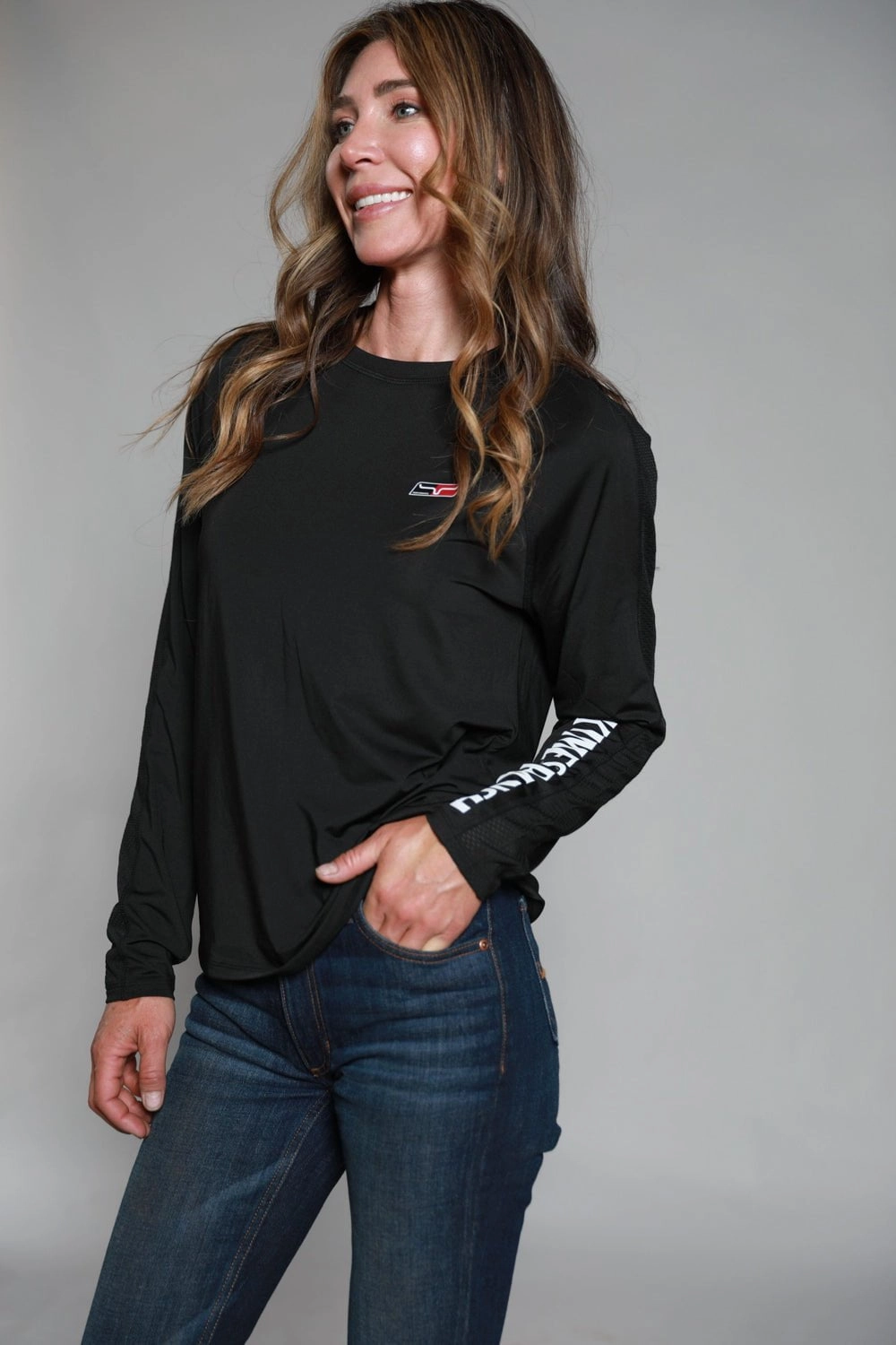 Flatlock stitching Kimes Ranch Womens K1 Tech Tee Black Polyester Blend L/S T-Shirt