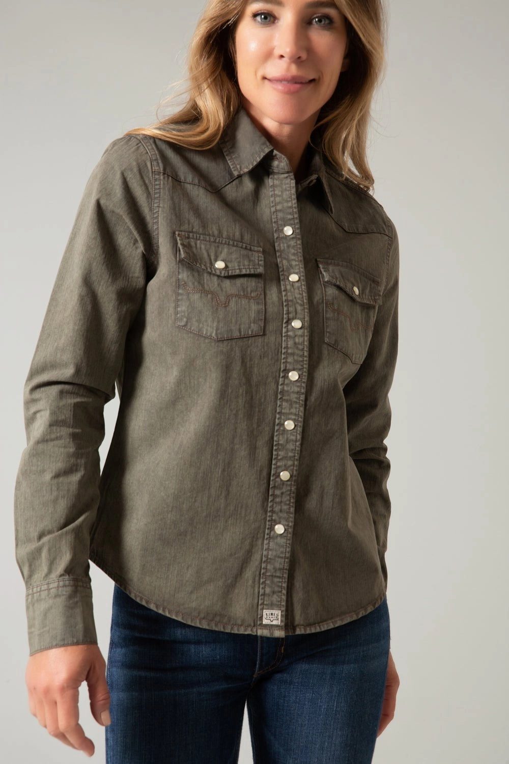 Classic Look Neutral Tone Kimes Ranch Womens Kaycee Denim Army 100% Cotton L/S Shirt