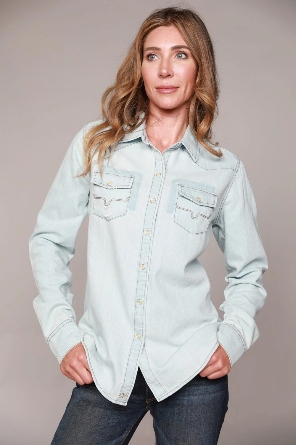 Durable Material Kimes Ranch Womens Kaycee Top Destroy Denim Cotton Blend L/S Shirt