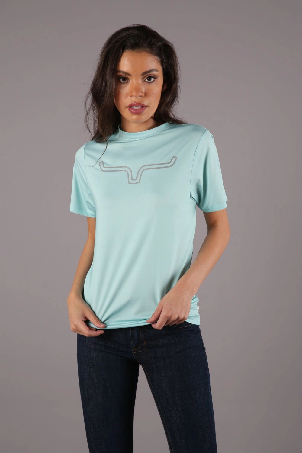 Kimes Ranch Womens Outlier Tech Tee Aqua Cotton Blend S/S T-Shirt Fashion Statement
