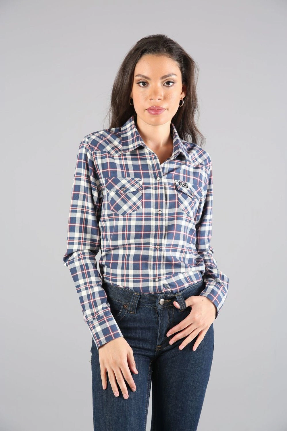 Glossy Texture Kimes Ranch Womens San Mateo Flannel Blue Cotton blend L/S Shirt