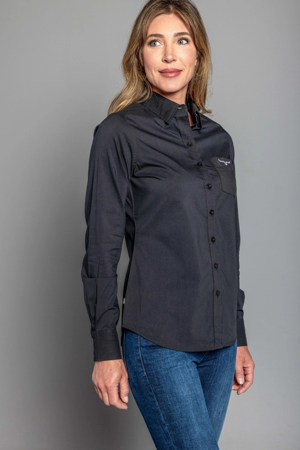 Preppy Vibe Kimes Ranch Womens Team Shirt Black Cotton Blend L/S Shirt