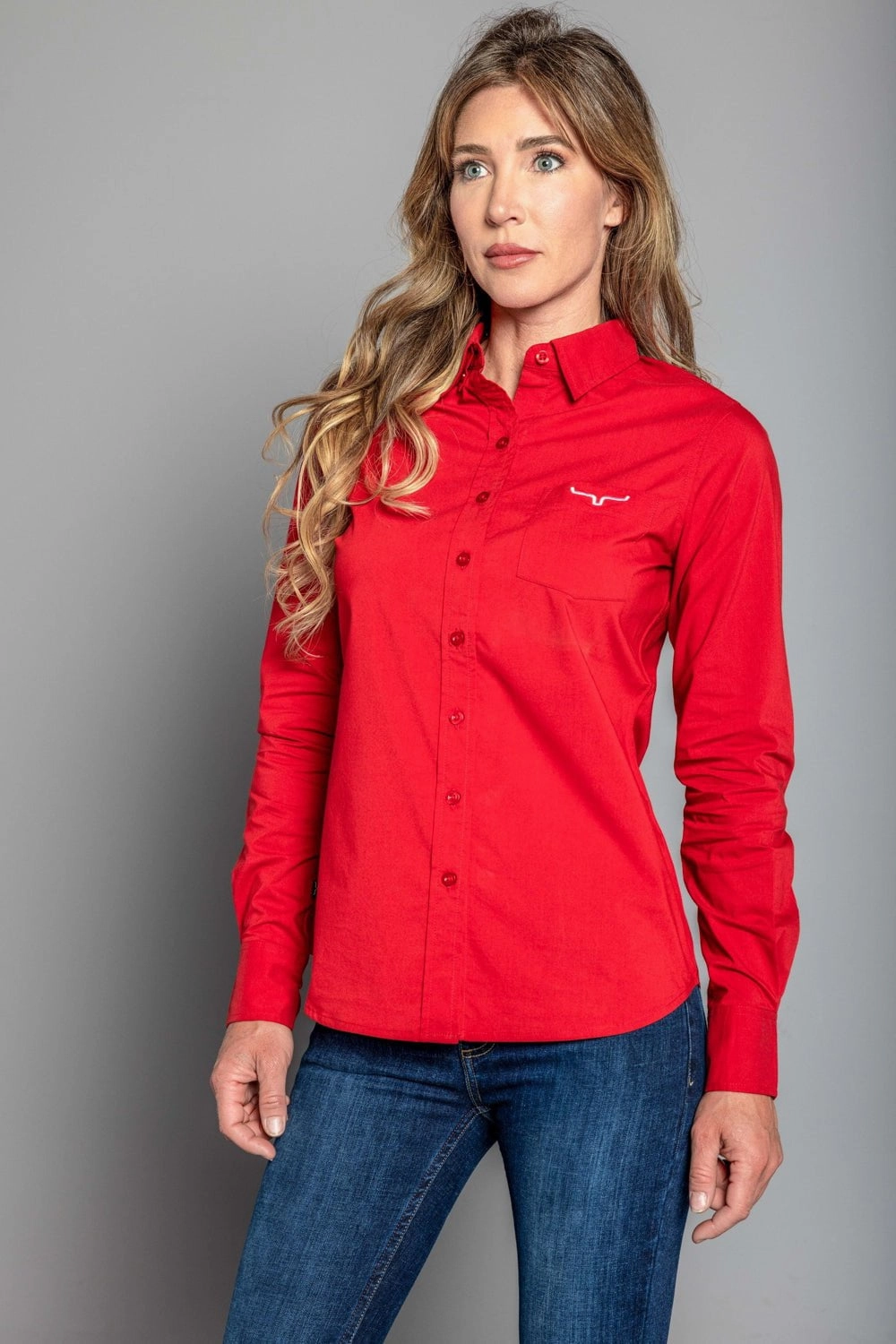 Kimes Ranch Womens Team Shirt Long Red Cotton Blend L/S Shirt Comfort Stretch Modern Style