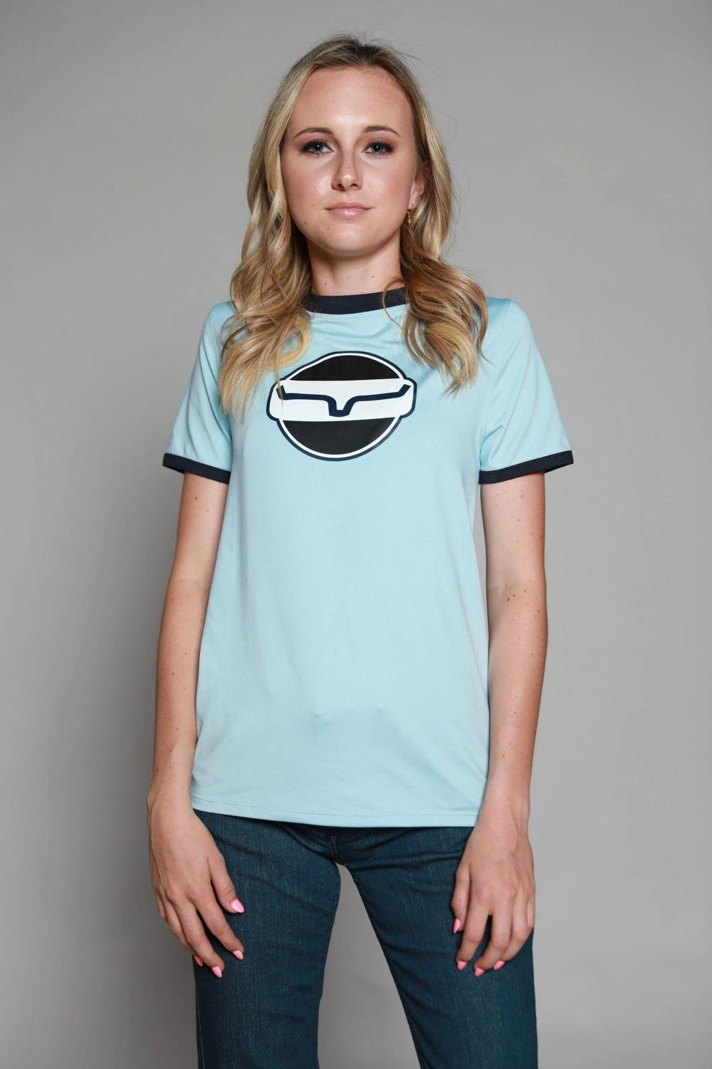 Urban Edge Kimes Ranch Womens Union Made Ringer Tee Blue Polyester S/S T-Shirt