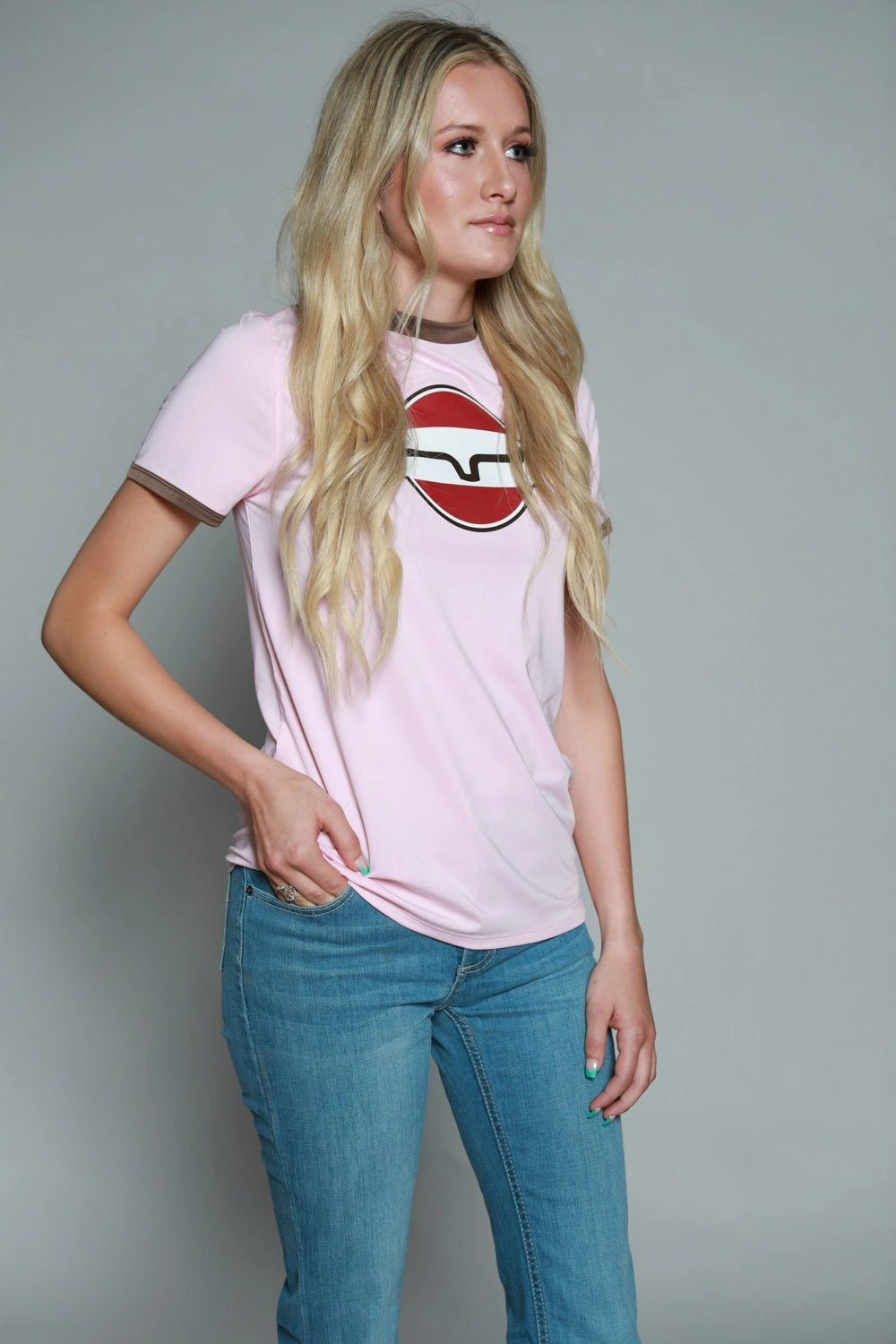 Trendsetting Style Cuffed hem Kimes Ranch Womens Union Made Ringer Tee Blush Polyester S/S T-Shirt