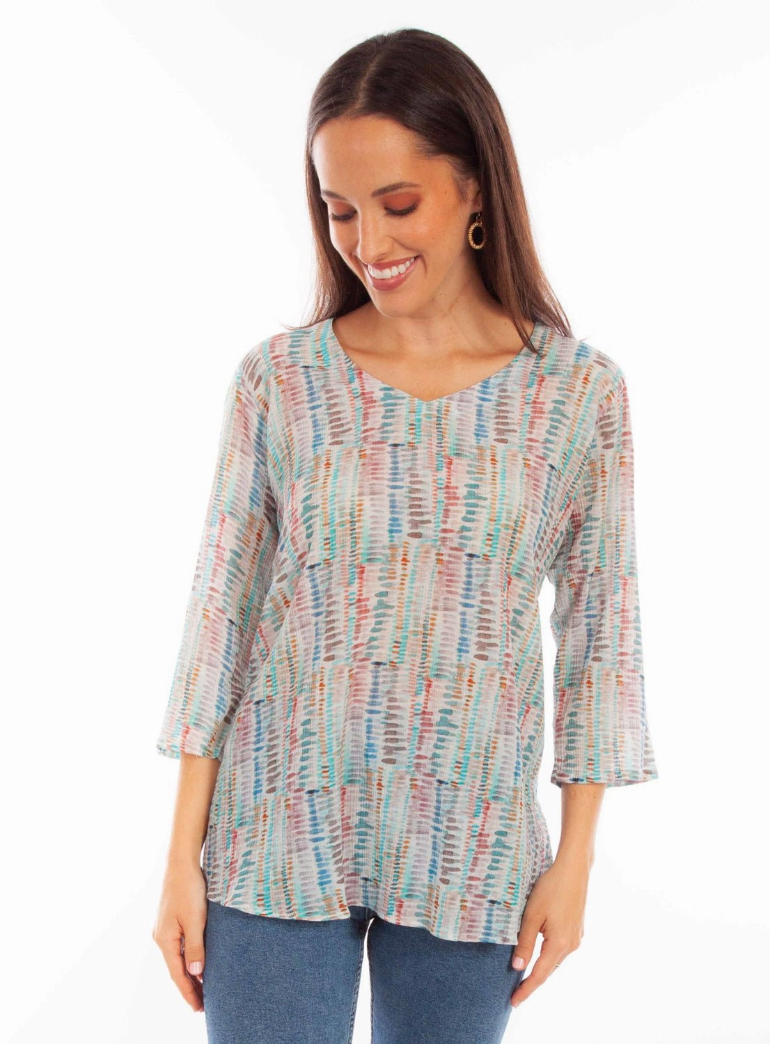 Scully Womens Abstract Striped Aqua Viscose 3/4 Sleeve S/S Tunic family gathering