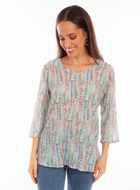 Scully Womens Abstract Striped Aqua Viscose 3/4 Sleeve S/S Tunic Pocket Detailing