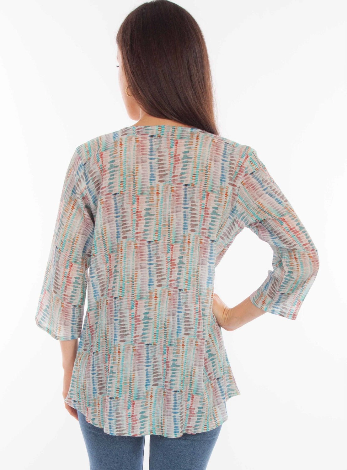 Travel-friendly Classic Look Scully Womens Abstract Striped Aqua Viscose 3/4 Sleeve S/S Tunic