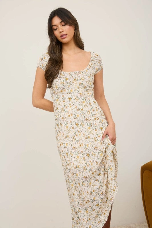 Kora Floral Scoop Neck Ruched Short Sleeve Midi Dress Street-Style Fresh Fit