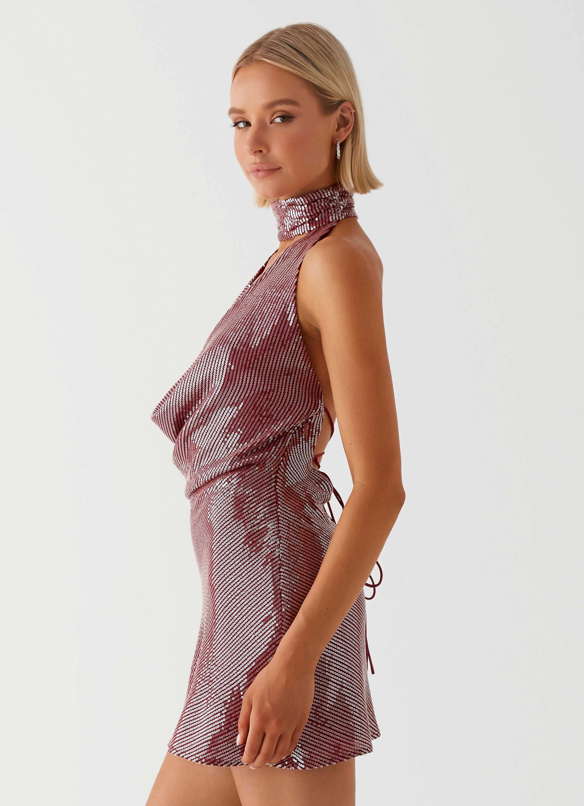 Nora Sequin Cowl Neck Mini Dress - Red Effortless Wear Quick Layer