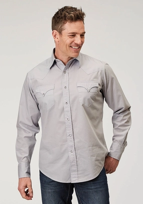 Eco Dye Technique Roper Mens 1916 Solid Poplin Grey 100% Cotton Snap L/S Shirt