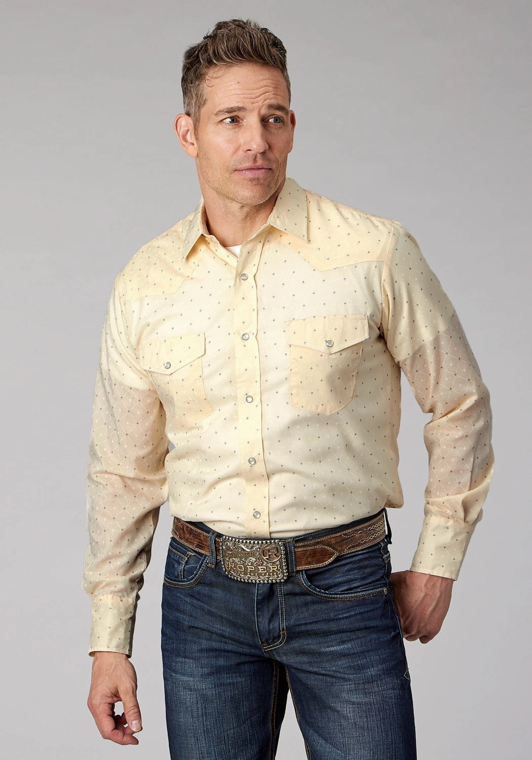 Roper Mens 2067 Diamond Wallpaper White Cotton Blend L/S Shirt Mature appeal