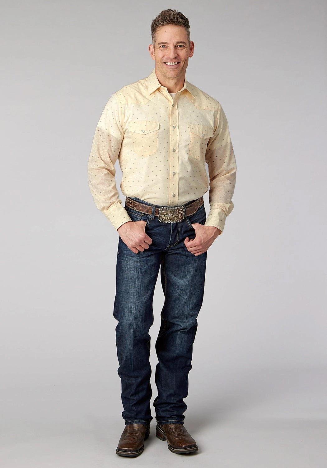 Roper Mens 2067 Diamond Wallpaper White Cotton Blend L/S Shirt Polished Look Anti Static Finish