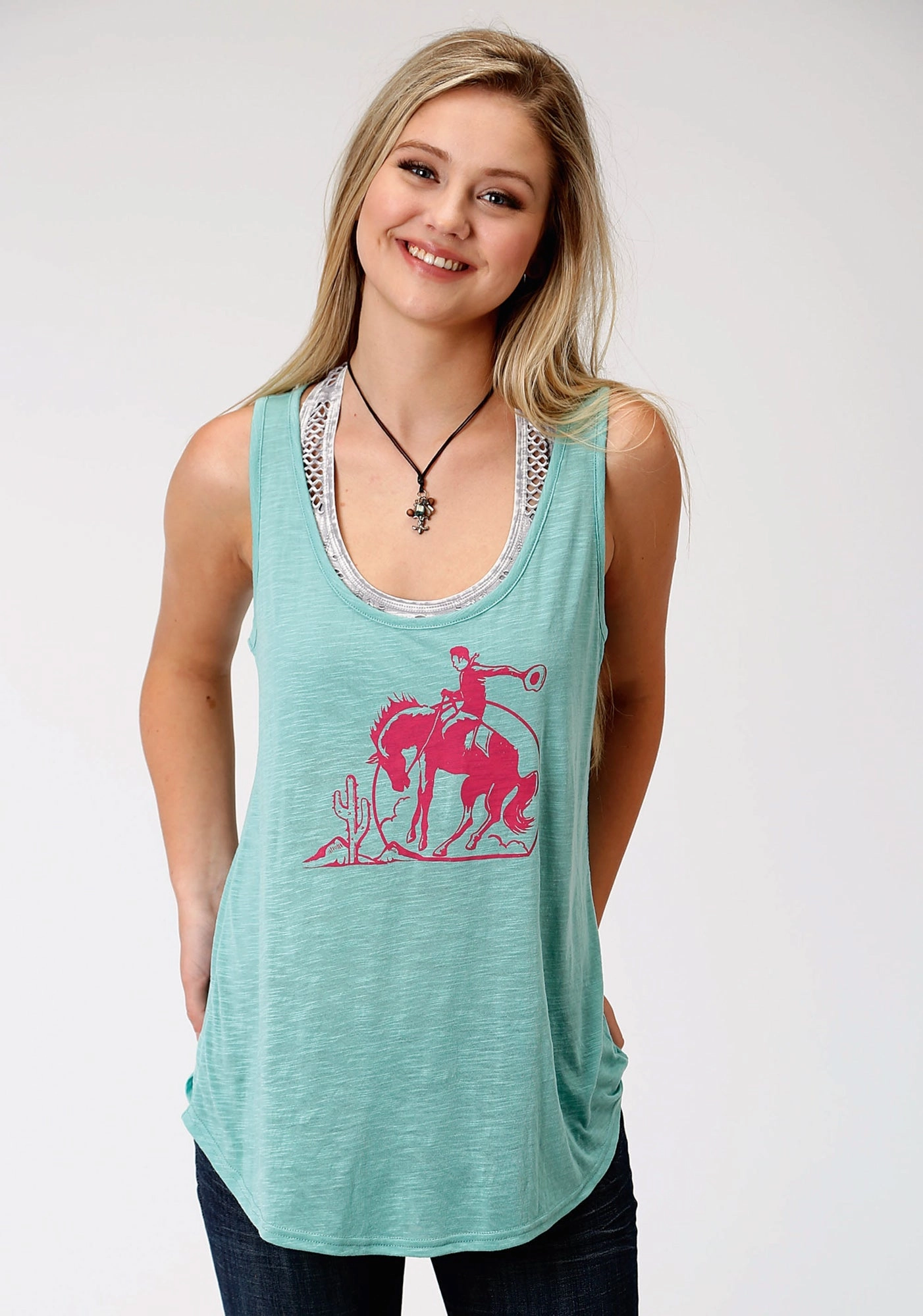 Iconic look Roper Womens Green Poly/Rayon Pink Bronco Tank Top