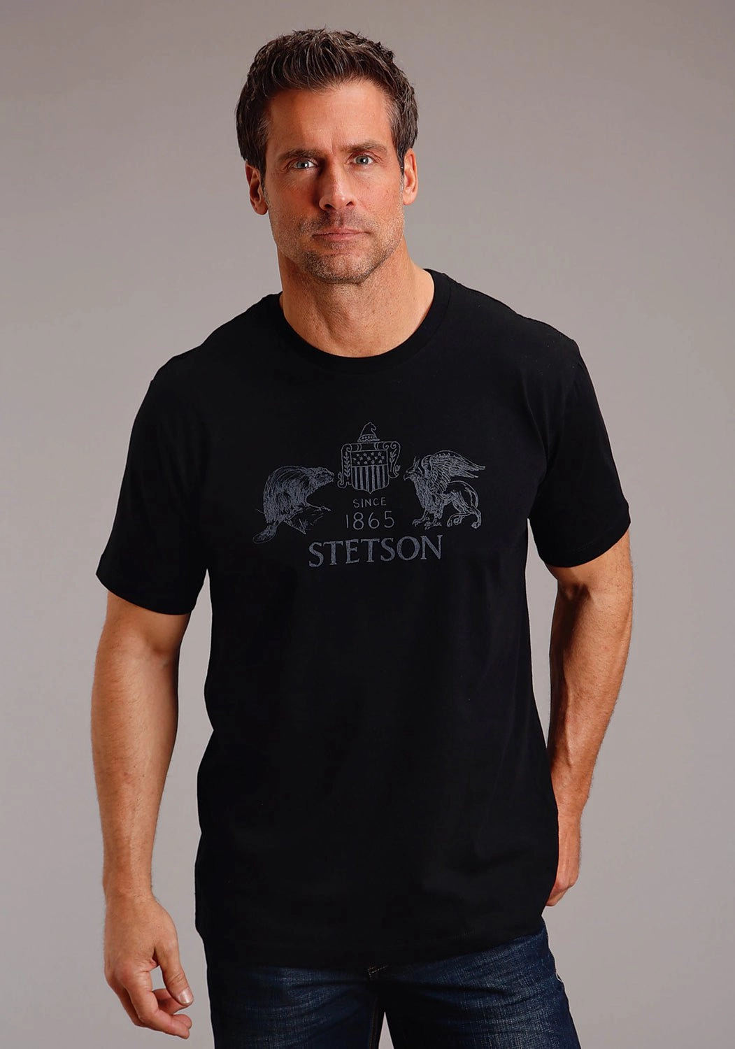 Stetson Mens Beaver Eagle Drawing Black 100% Cotton S/S T-Shirt NonIrritating Fabric