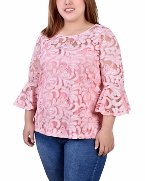 Plus Size 3/4 Sleeve Burnout Blouse With Matching Camisole ButtonFront Ribbed Hem