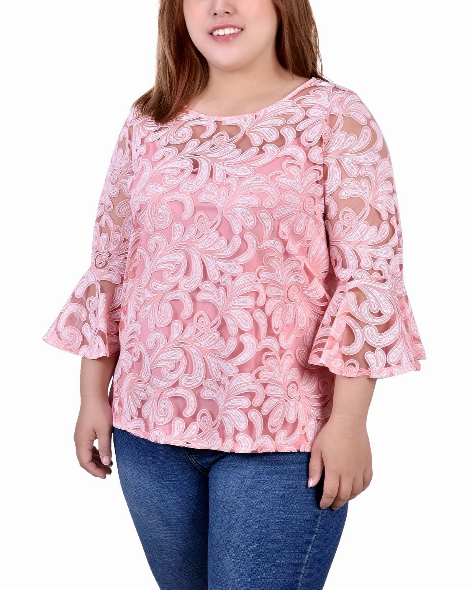 DurableDoubleLayeredHem Plus Size 3/4 Sleeve Burnout Blouse With Matching Camisole