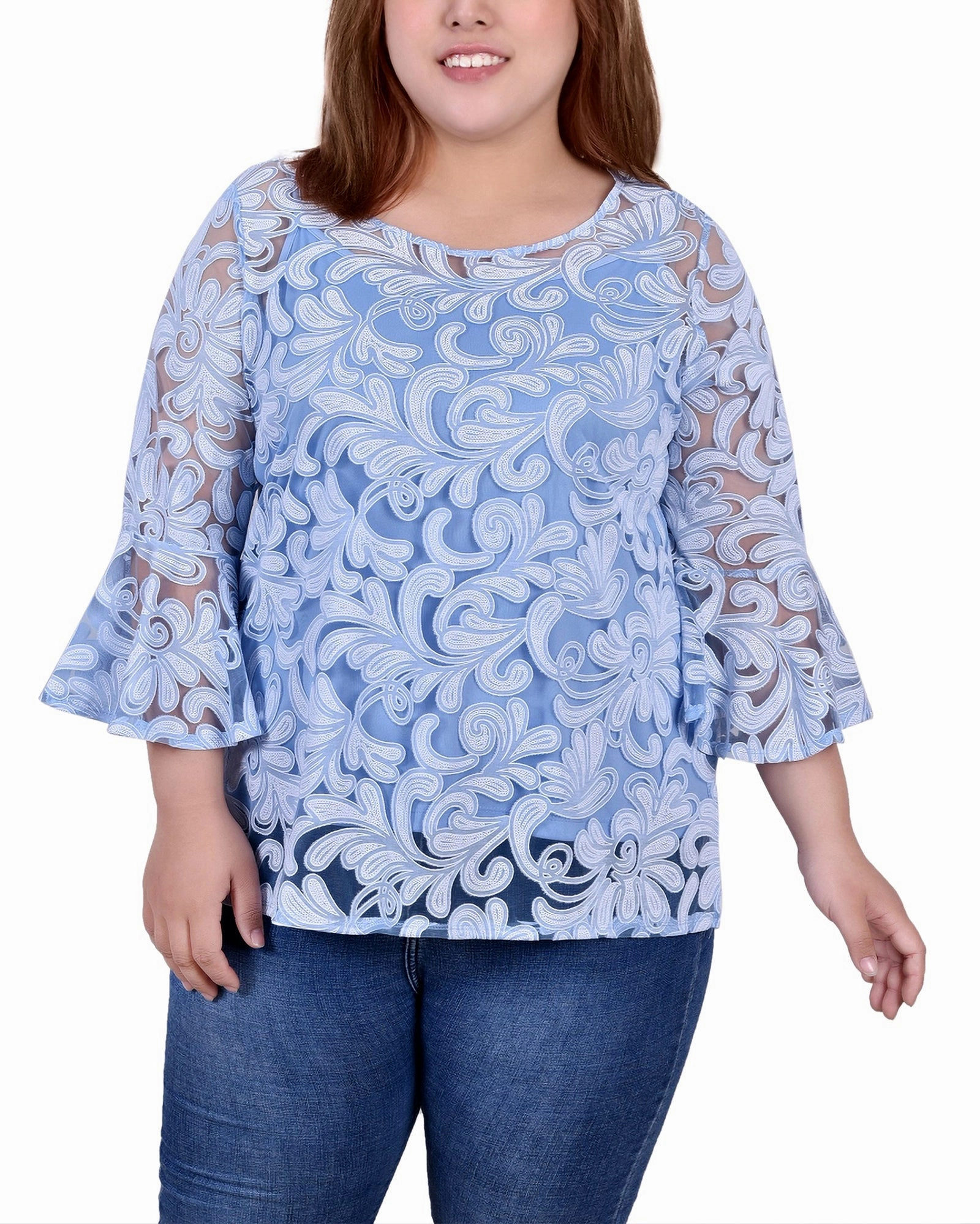 Plus Size 3/4 Sleeve Burnout Blouse With Matching Camisole BreathableMeshPanel