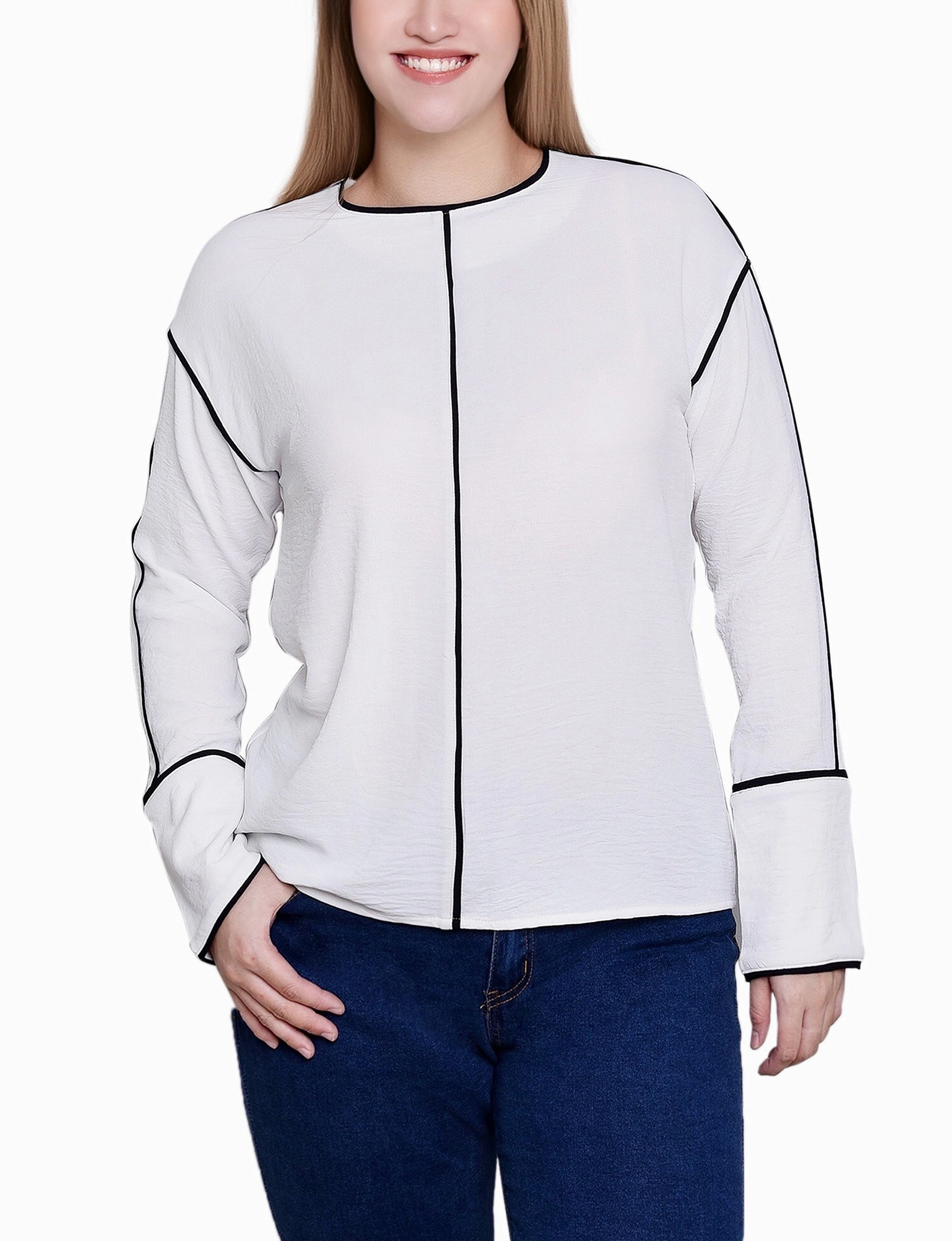 Long Sleeve Contrast Piped Blouse Structured Shoulder Roll Up Sleeve System