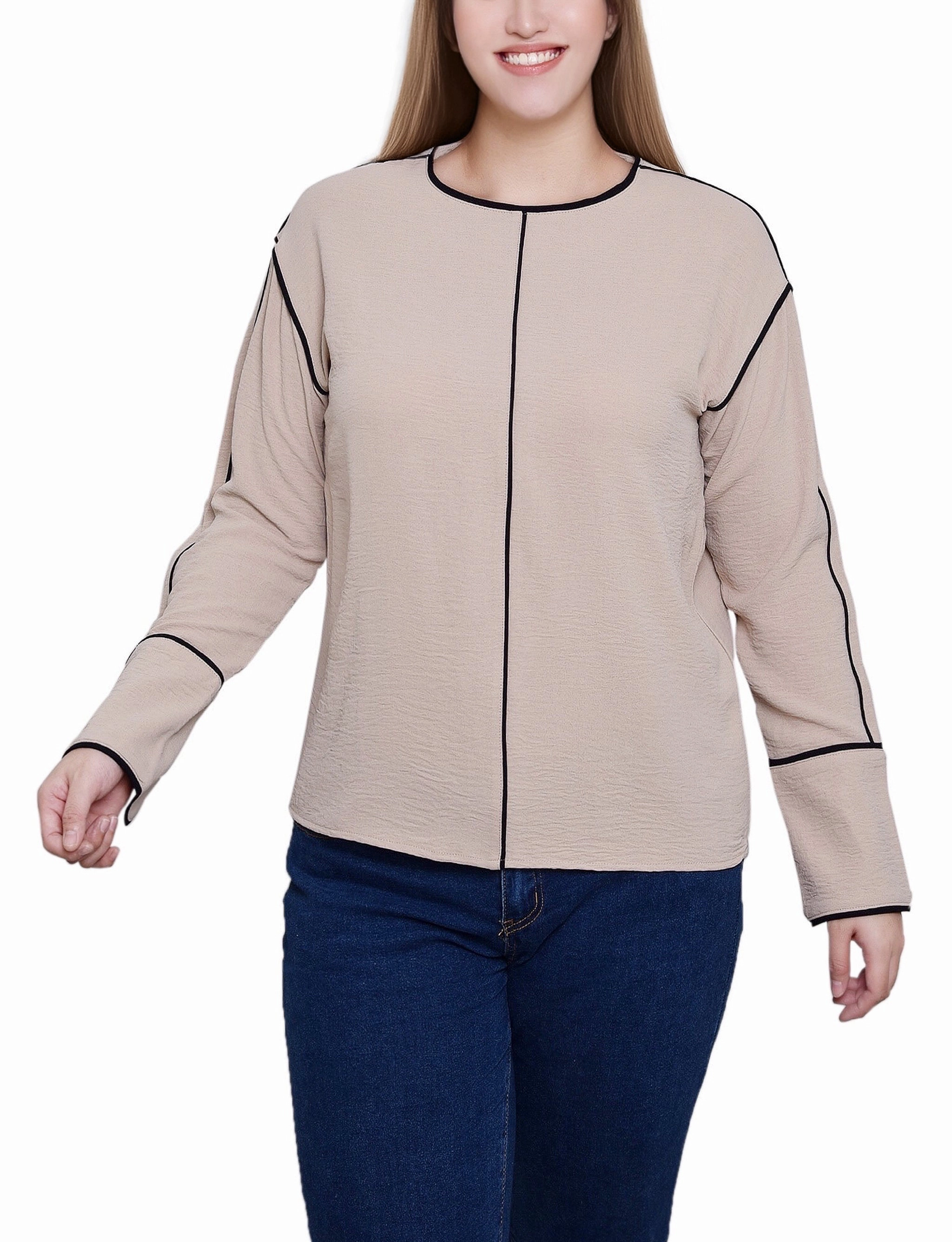 Minimalist Cuff EasyCare Fabric Long Sleeve Contrast Piped Blouse