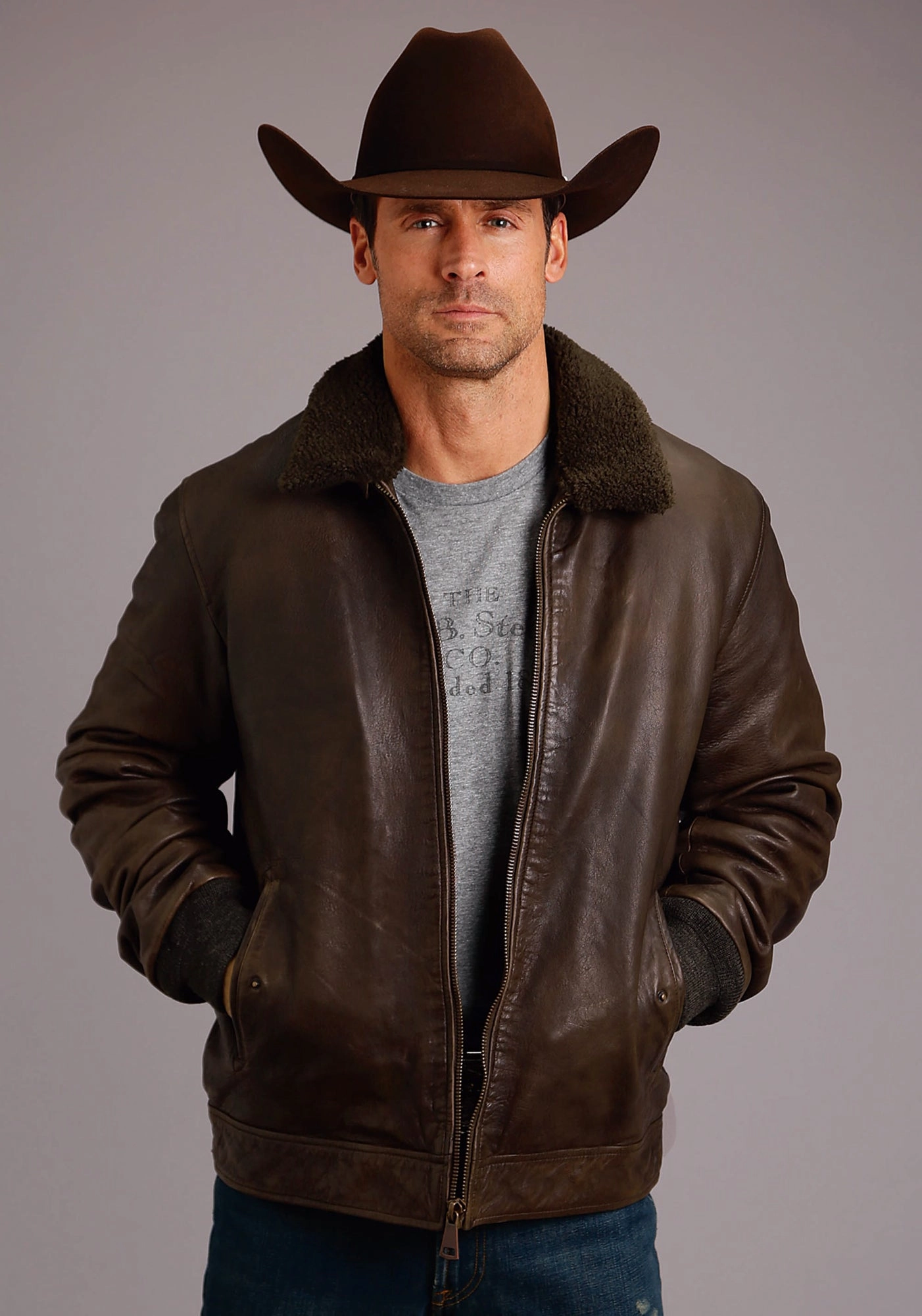 Mesh Venting Stretchable Material Stetson Mens Brown Leather Smooth Sherpa Jacket