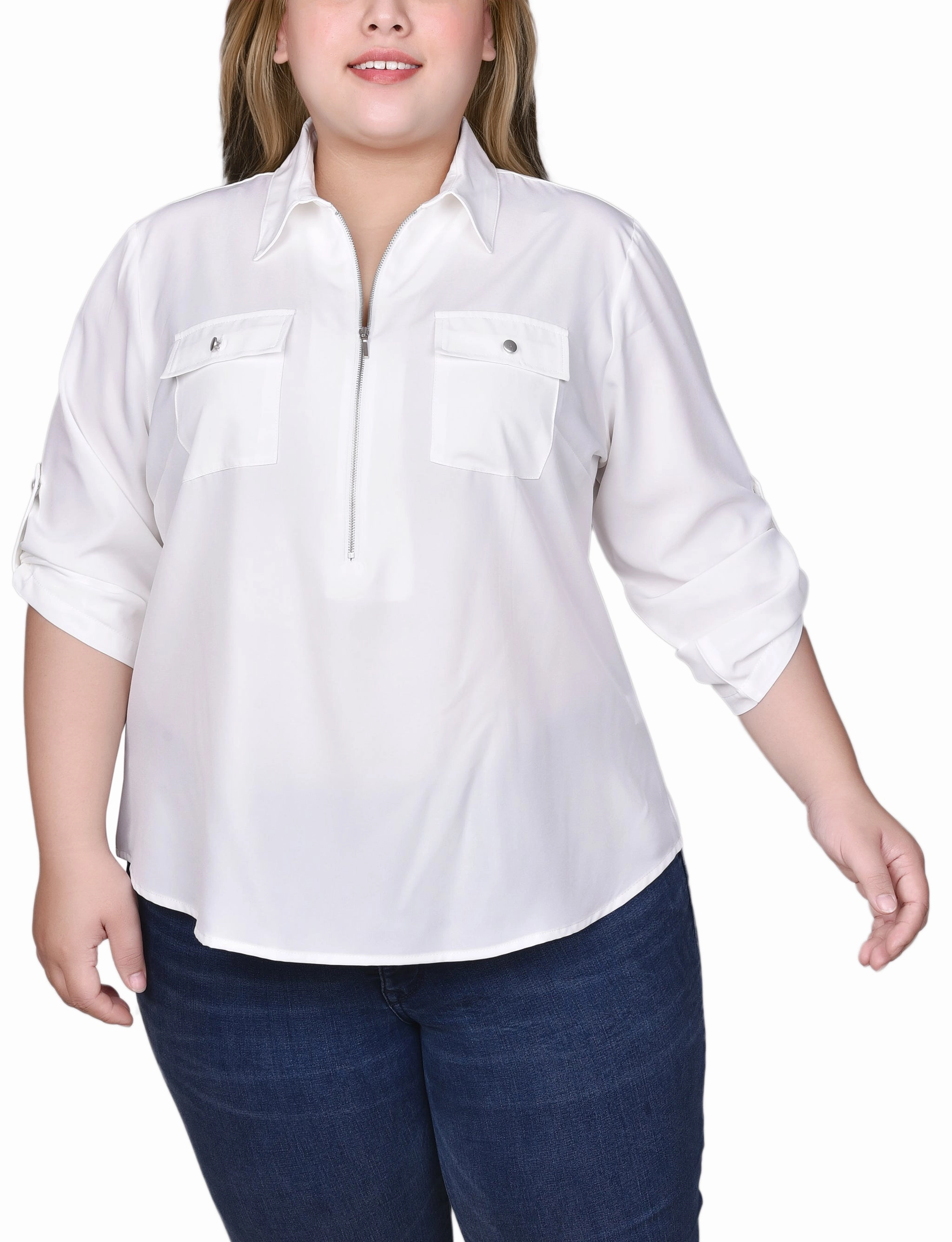 Plus Size 3/4 Roll Tab Sleeve Zip Front Blouse PlacketDetail Odor Neutralizing Technology