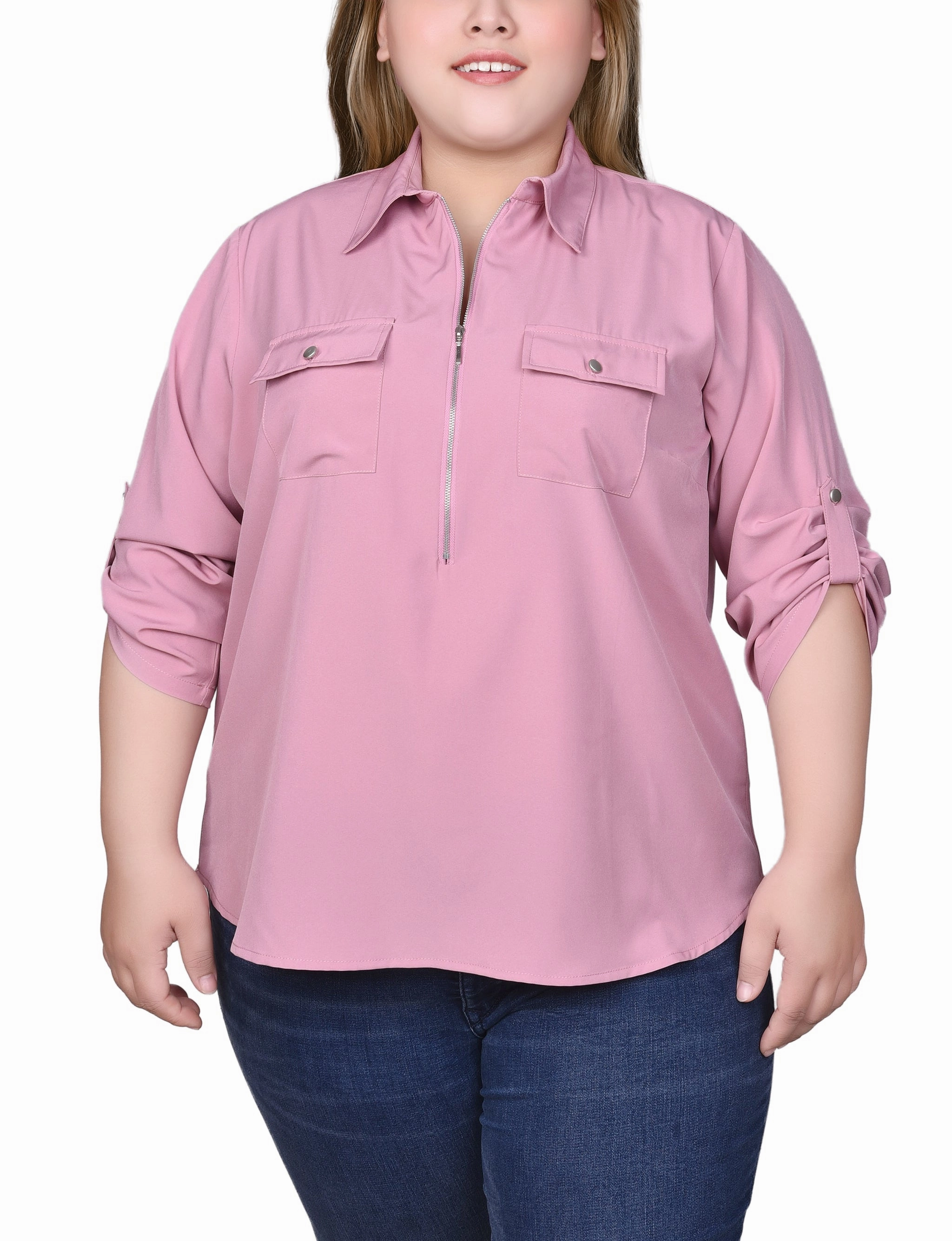 Plus Size 3/4 Roll Tab Sleeve Zip Front Blouse Hydrophobic Threadwork