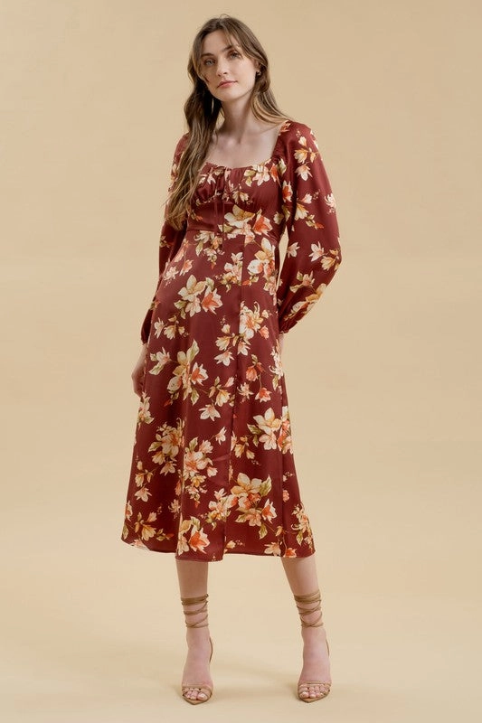 Contrast-Panel Simplistic Mood LAURIE FLORAL LONG SLEEVE SPLIT THIGH MIDI DRESS
