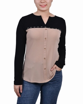 High Neckline Comfortable Wear Long Sleeve Studded Colorblocked Split Neck Top
