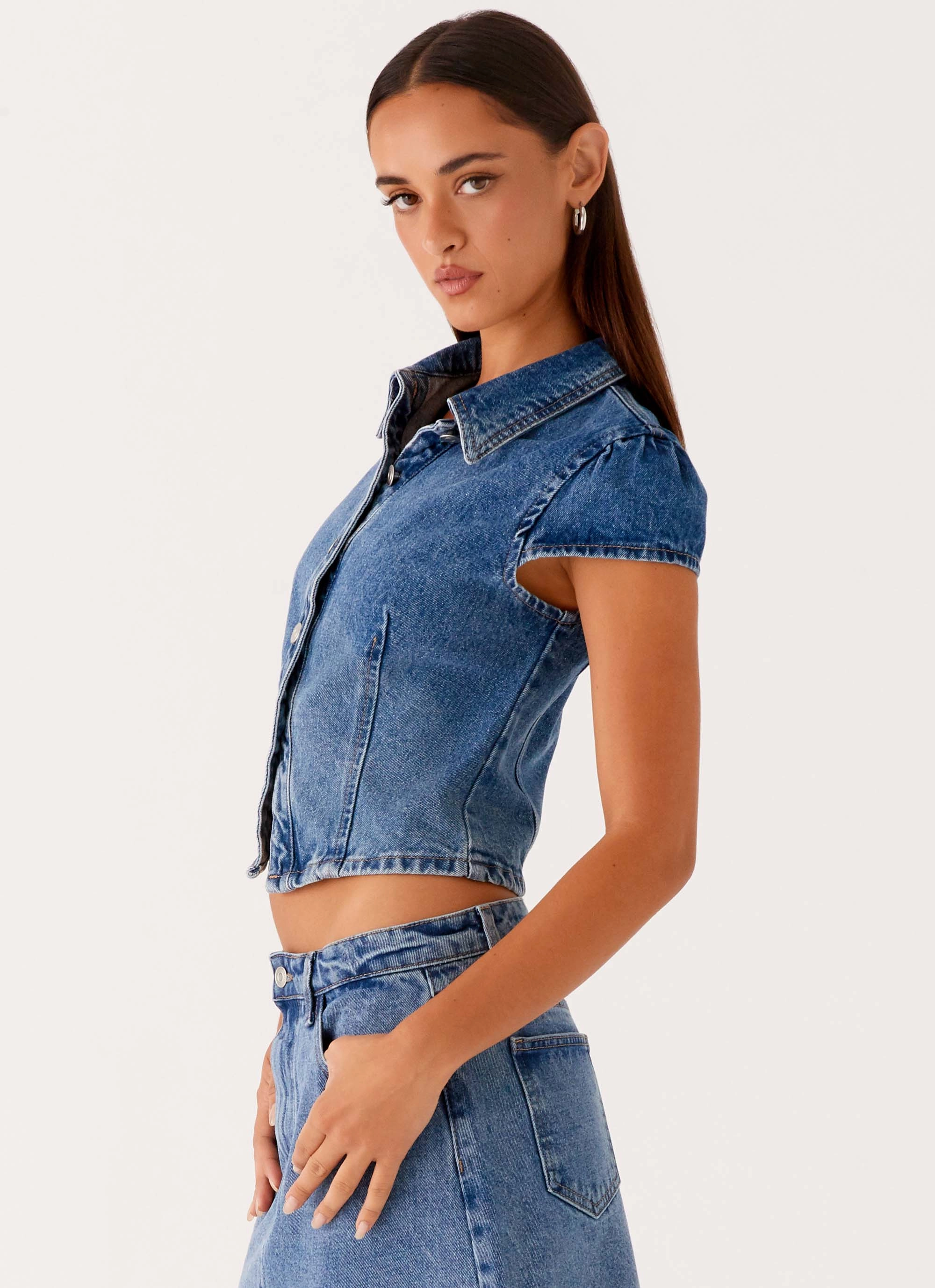 Stella Button Up Top - Blue Quick Release Fasteners