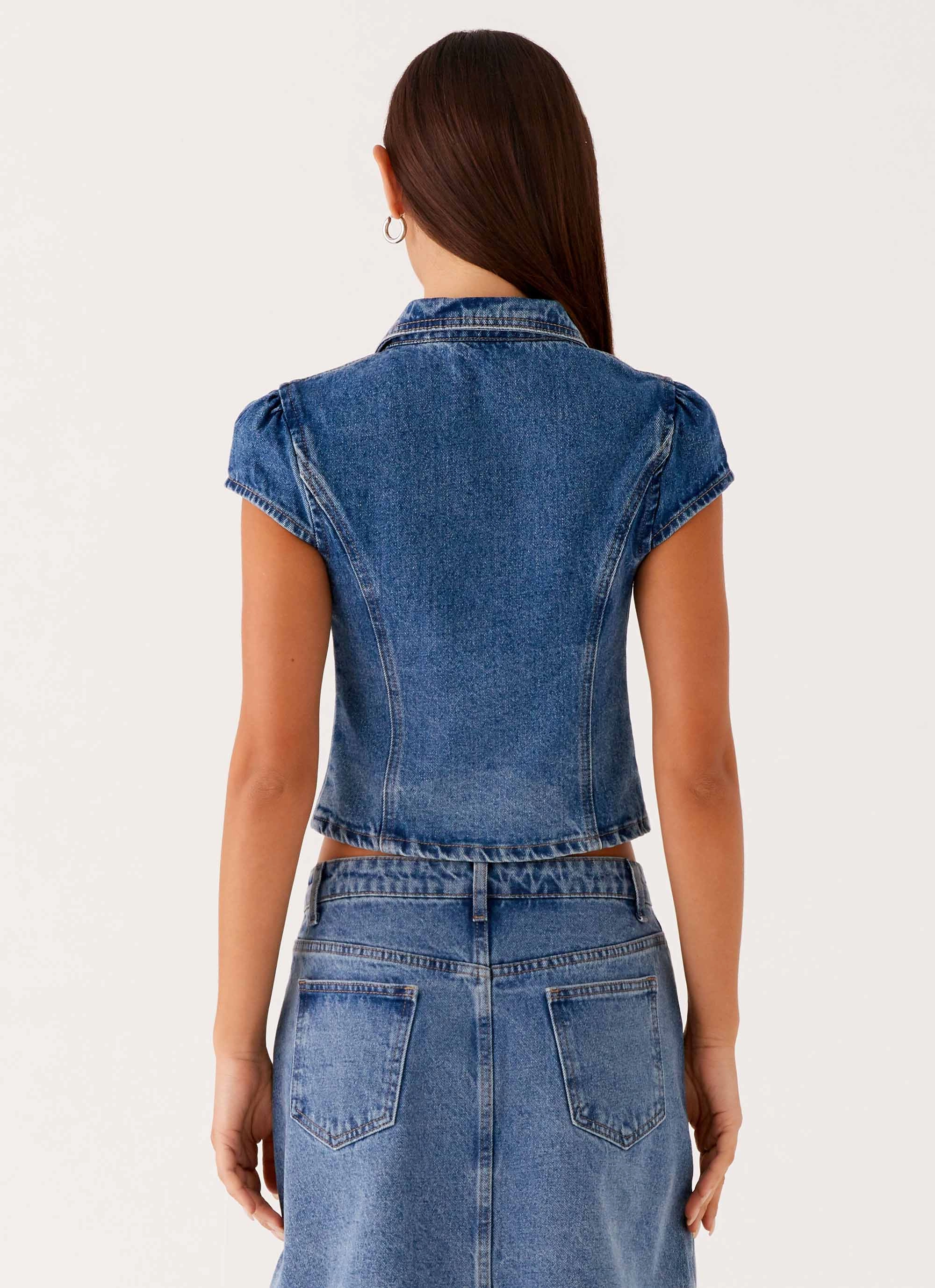 Stella Button Up Top - Blue RecycledPolyesterBlend Flexible Knit Blend