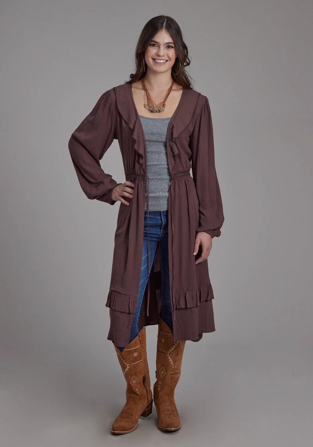 Sleek Design Roper Womens Deep V Ruffles Brown 100% Rayon Cardigan Sweater