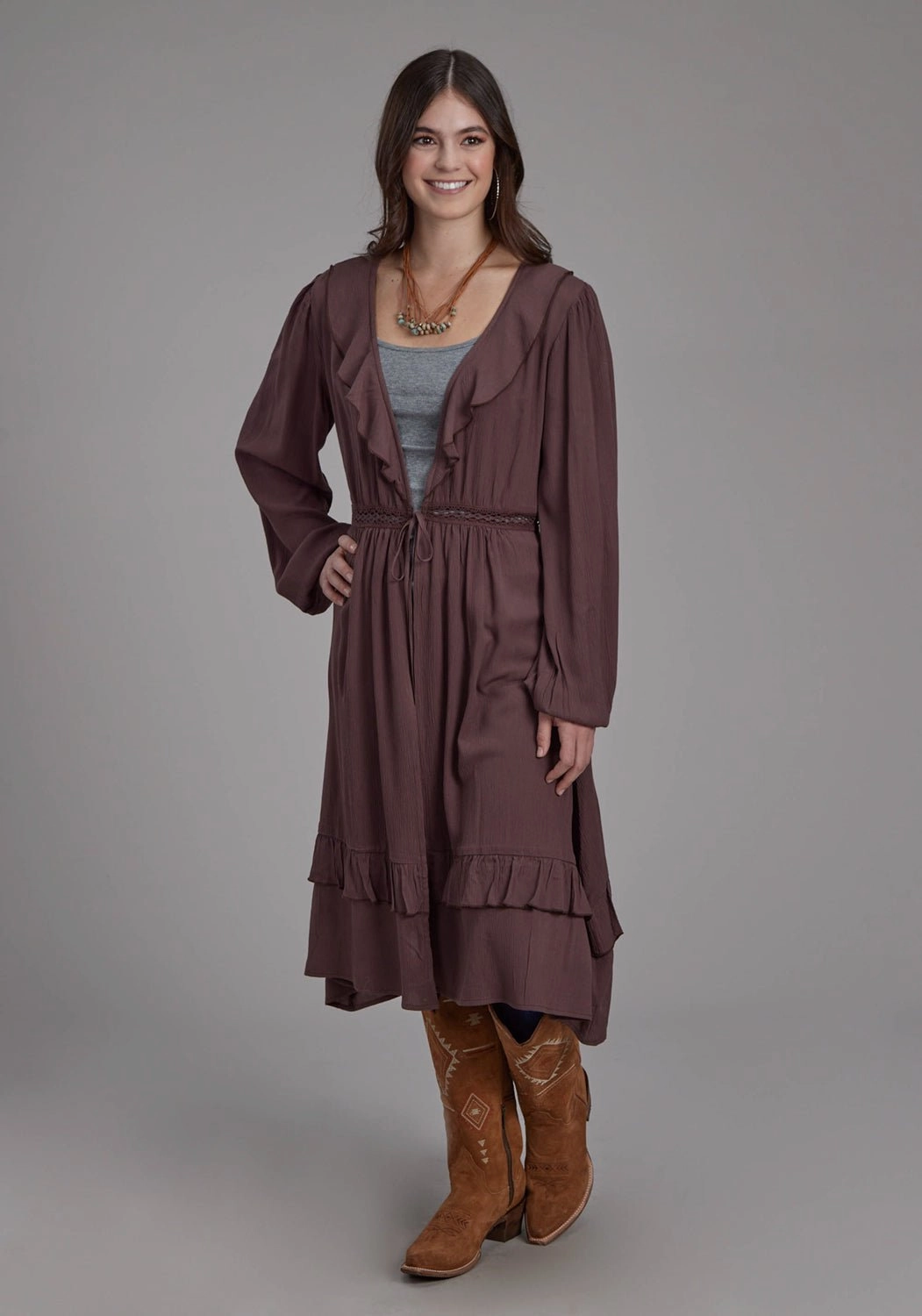 Roper Womens Deep V Ruffles Brown 100% Rayon Cardigan Sweater Fashion Event