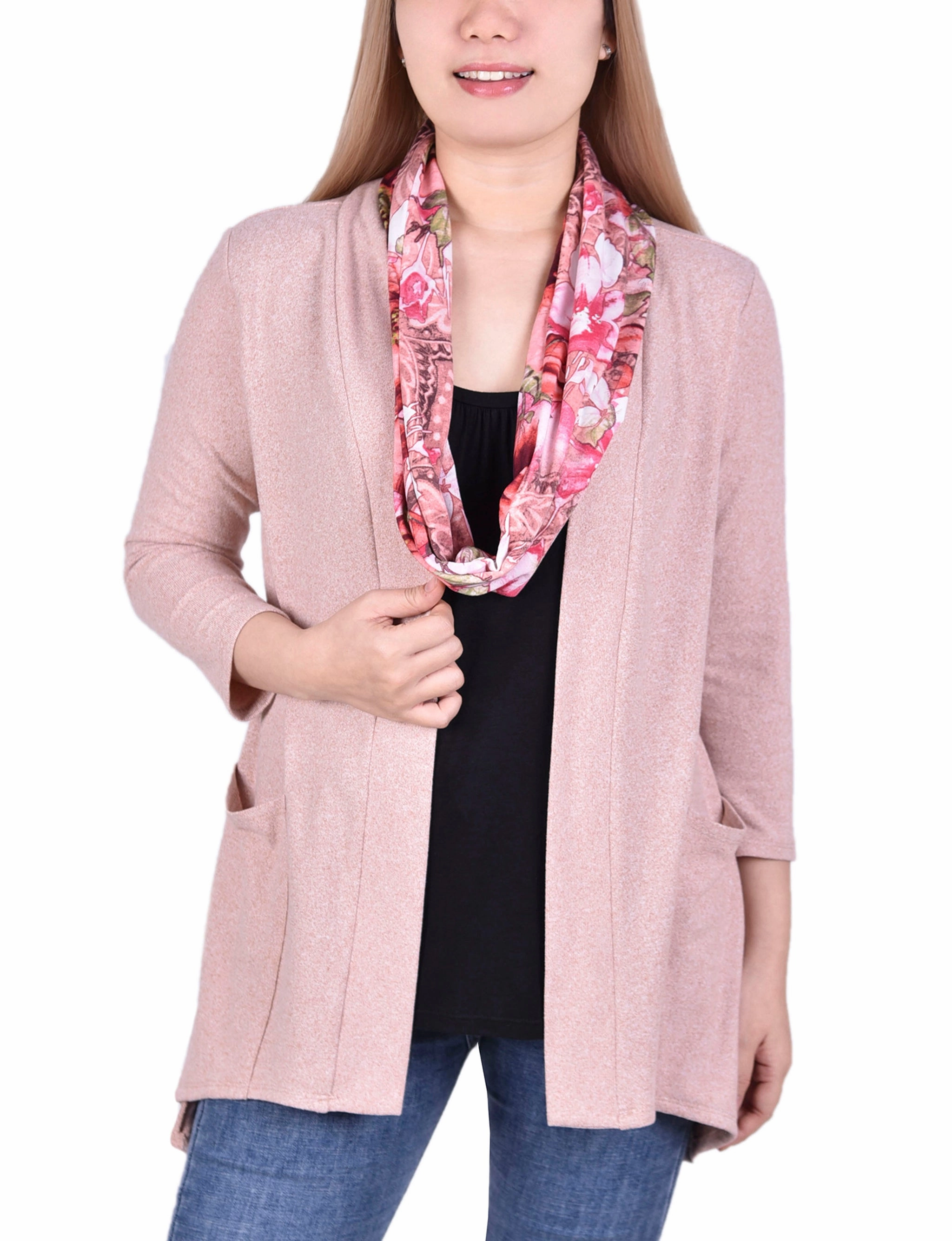 Petite Cardigan With Inset And Detachable Printed Scarf MultiFunctional Pocket Placement Tapered Cut