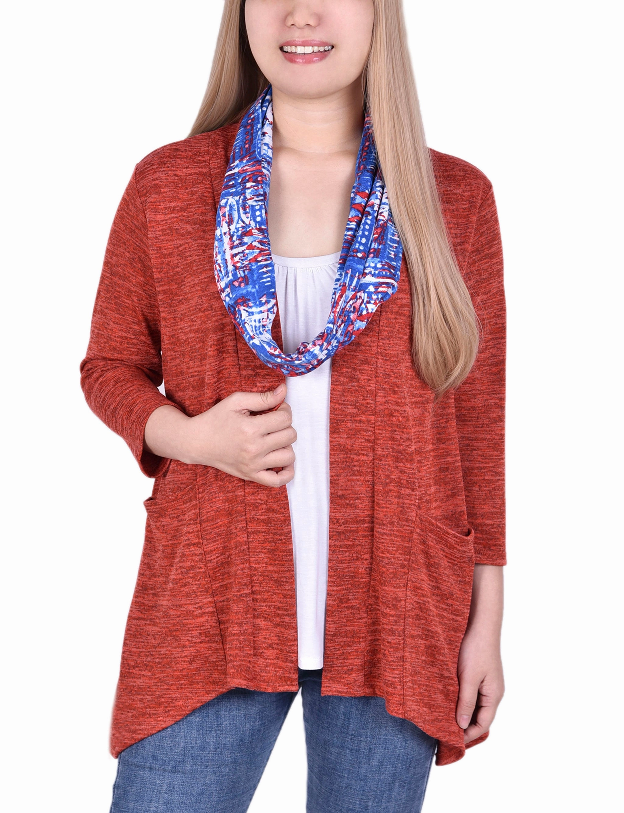 Petite Cardigan With Inset And Detachable Printed Scarf Quick Access Slit Erasable Surface Coating