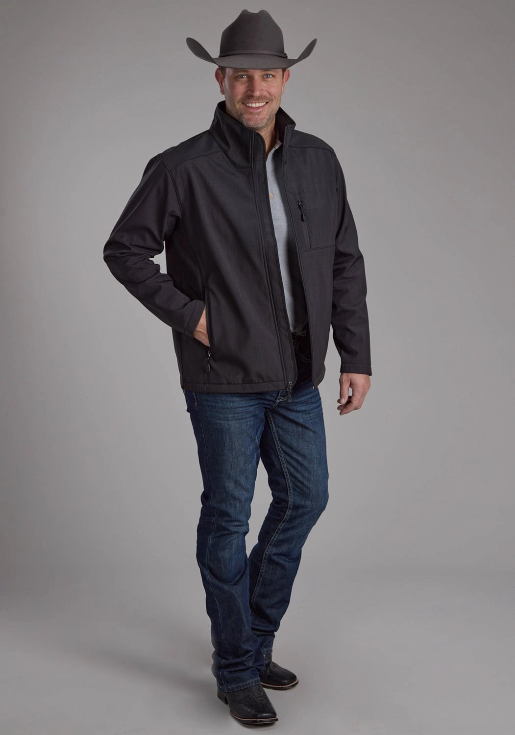 Non Restrictive Fit Roper Mens Technical Zip Charcoal Polyester Softshell Jacket