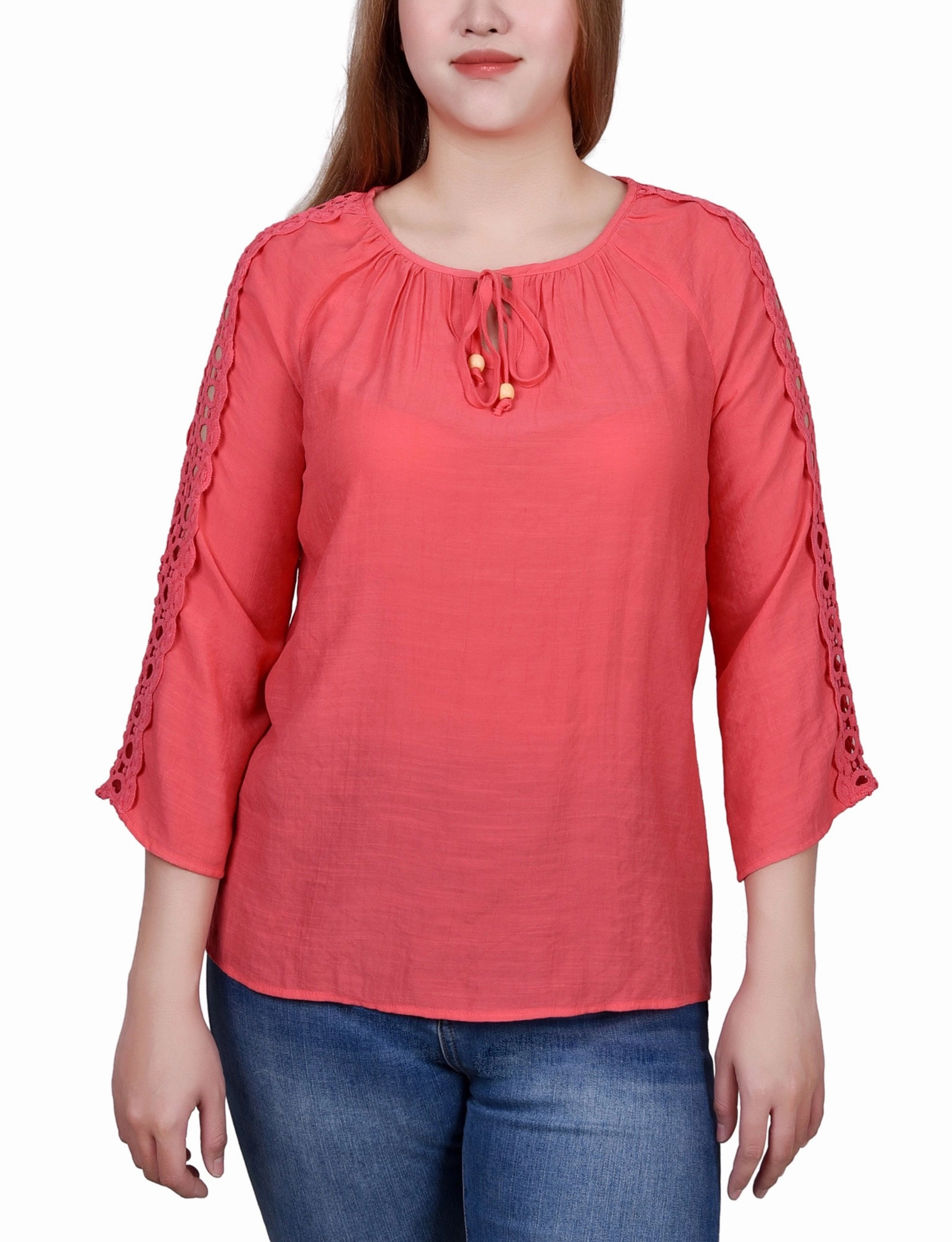 RibbedTexture Petite 3/4 Sleeve Crochet Detail Blouse